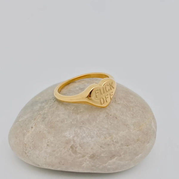 "F*ck Off" Heart-Shaped 18K Gold Plated Stainless Steel Ring available at hey tiger louisville