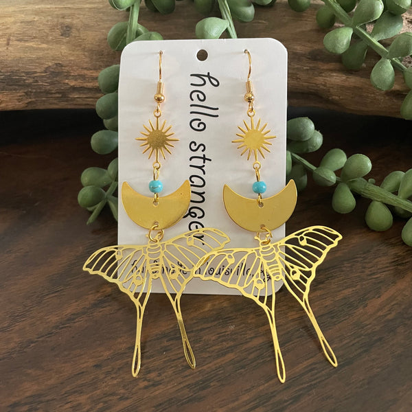 Luna Moth Dangle Earrings with Turquoise Accents by Hello Stranger // Handmade in the USA 