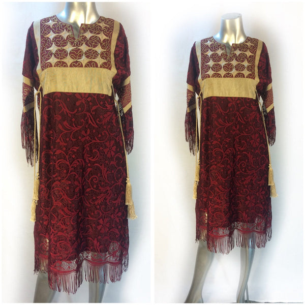 Vintage embroidered crochet lace dress with fringe and tassels  // small medium
