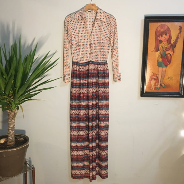 Vintage 70s Groovy long sleeve Button Front Psychedelic Maxi dress // Union Made in the USA // retro boho hippie Gypsy // hey tiger louisville kentucky