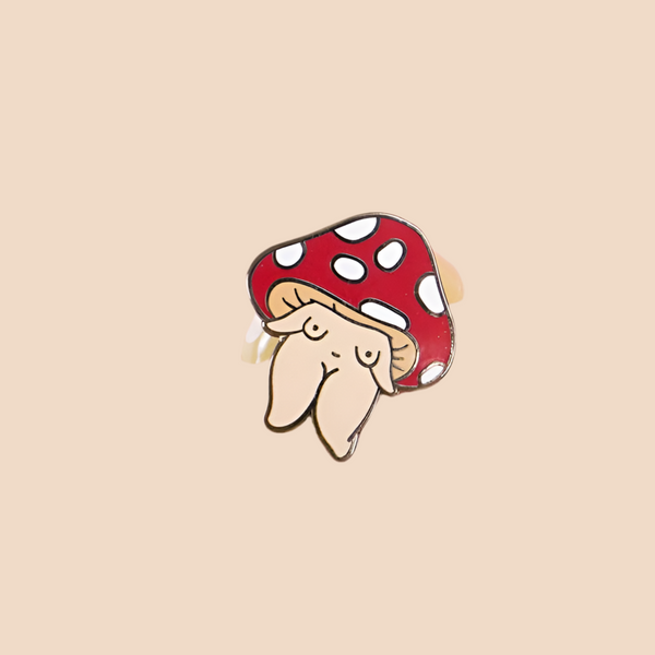 Mushroom girl enamel pin by little woman goods available at hey tiger Louisville 