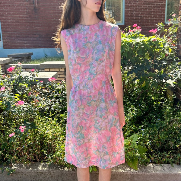 Vintage 50s 60s abstract floral watercolor pattern sleeveless dress / size small (HT2402)