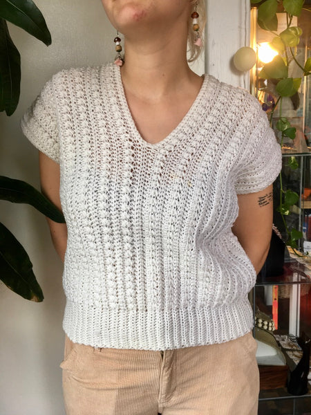 white crochet v neck sweater