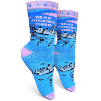 dead fucking tired womens crew socks by groovy things co available at hey tiger louisville