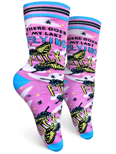 there goes the last of my flying fucks butterfly womens crew socks // hey tiger Louisville