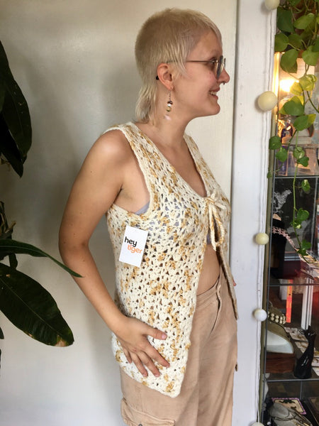 crocheted 70s white and beige waistcoat 