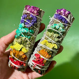 White sage with rainbow Sinuata flower smudge stick 