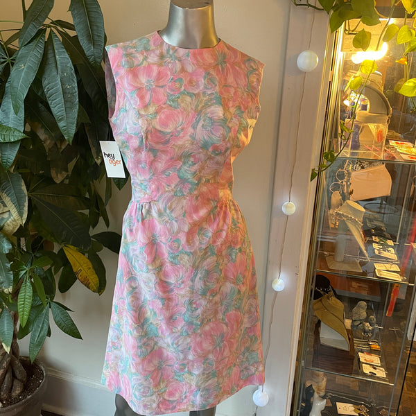 Vintage 50s 60s abstract floral watercolor pattern sleeveless dress / size small / available at hey tiger Louisville 