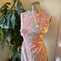 Vintage 50s 60s abstract floral watercolor pattern sleeveless dress / size small (HT2402)