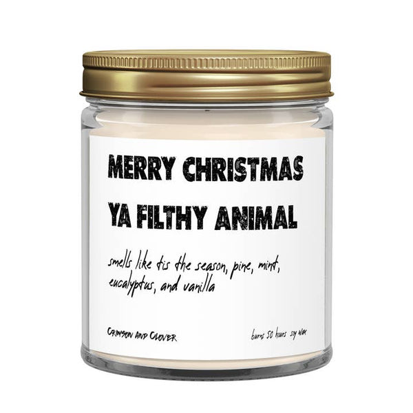 Merry Christmas Ya Filthy Animal Candle by crimson and clover available at hey tiger Louisville Ky 