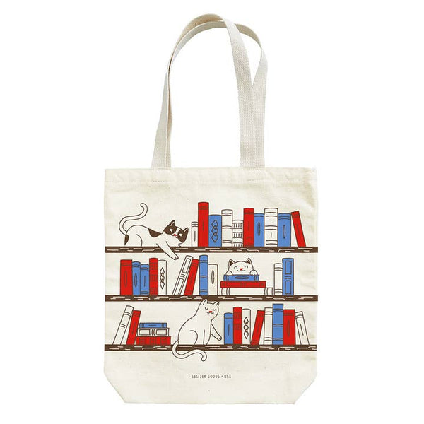 Bookshelf cats tote bag by seltzer goods available at hey tiger Louisville 