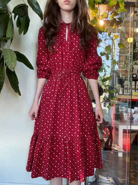 Dark red 1970s floral print midi dress- Union made