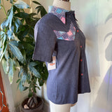 Vintage 70s chambray and faux patchwork short sleeve blouse // Sz small (HT23105)