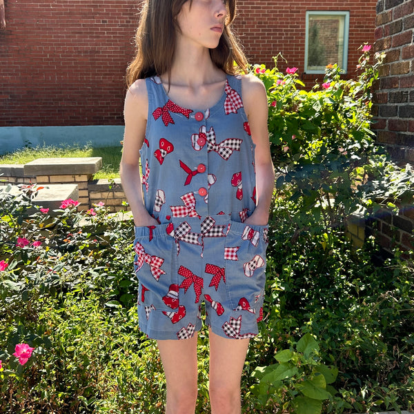 60s/70s handmade bow print romper