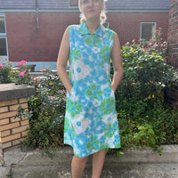 60s Blue green and white shift dress