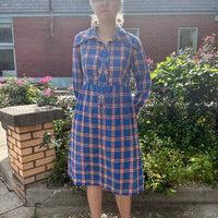 60s/70s handmade blue with red and green plaid house dress