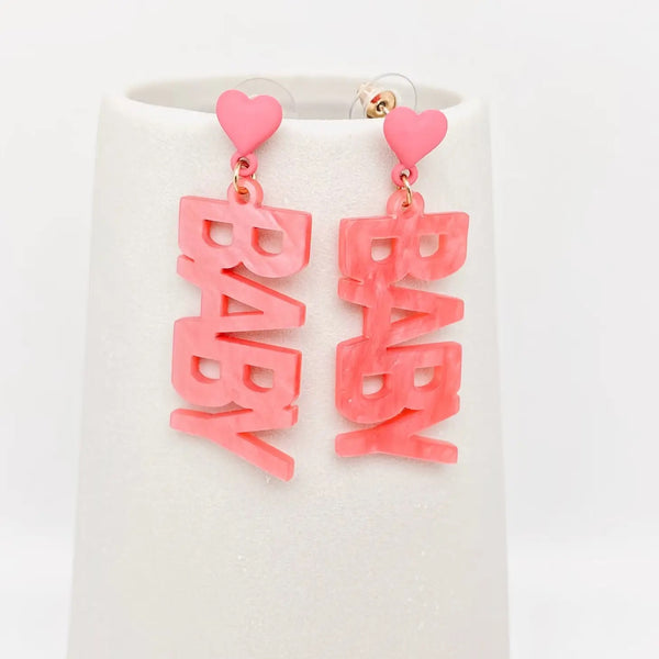 pink baby acrylic spellout dangle earrings available at hey tiger Louisville
