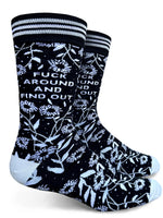 fuck around and find out mens black and white floral crew socks // hey tiger louisville