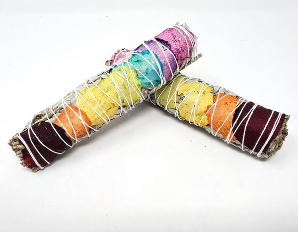7 Chakra Sage (White Sage with 7 Color Rose Petals) 7"  available at hey tiger louisville