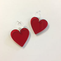 Hello Stranger Handmade Red Acrylic Heart dangle Earrings // made in USA //  nickel free ear wires // Retro Mod Valentines gift under 20