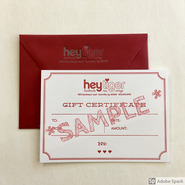Hey Tiger Letter pressed Gift Certificate // For In-store & Online Purchases