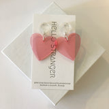 Handmade Acrylic Pink Heart dangle Earrings // made in USA //  nickel free ear wires // Retro Mod Valentines gift under 20