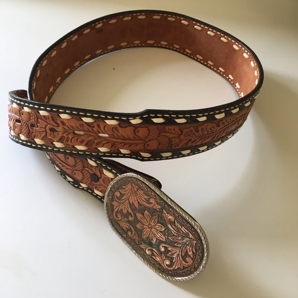 Tooled Butterfly Leather Snap Belt Strap 100% Full Grain -  Norway