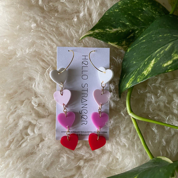 Handmade Acrylic Ombré Heart dangle Earrings in Pink and Red // made in USA by Hello Stranger // hey tiger louisville 