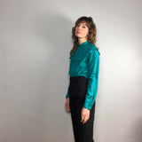 Vintage 80s 90s Emerald Green Ruffle Mandarin Collar Silk blouse by Royal Silk // Size 4 // hey tiger louisville kentucky