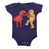  Dino vs Robot baby one piece is printed by hand on a high quality, sweatshop-free super soft infant bodysuit by Gnome Enterprises // hey tiger Louisville Kentucky