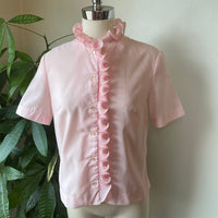 Vintage 50s 60s bubblegum pink blouse with curled ruffle detail // large