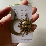 Handmade crescent moon and sun Earrings in oxidized brass // made in Kentucky by Hello Stranger // hey tiger louisville 