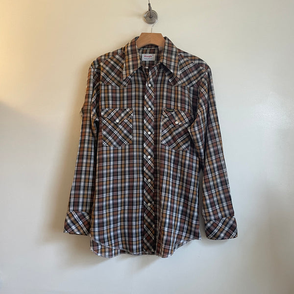 Vintage Wrangler Western Wear Plaid Pearl Snap Oxford Shirt // Unisex Size Medium // hey tiger louisville ky 