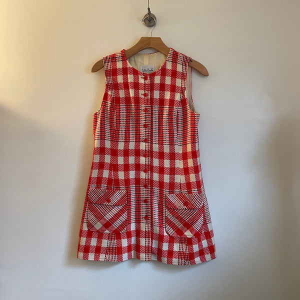 Vintage 1960s Bobbie Brooks button up plaid tunic jumper pinafore sleeveless micro mini dress // Made in the USA // hey tiger louisville