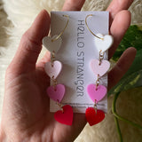 Handmade Acrylic Ombré Heart dangle Earrings in Pink and Red // made in USA by Hello Stranger