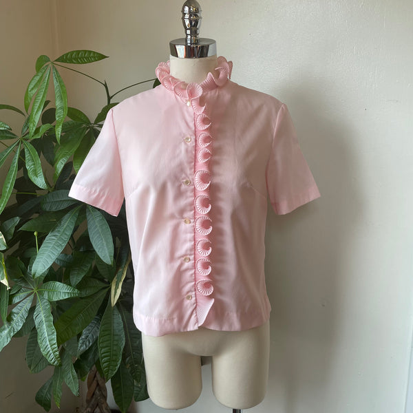 Vintage 50s 60s bubblegum pink blouse with curled ruffle detail // large // hey tiger louisville 
