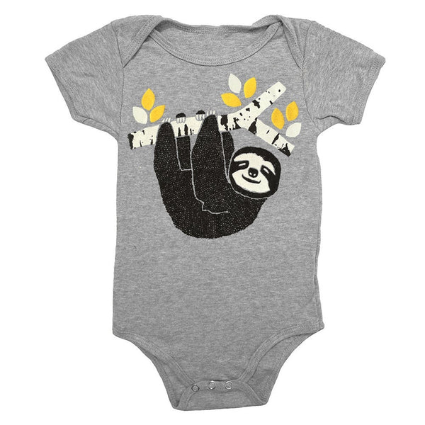 Sloth baby one piece is printed by hand on a high quality, sweatshop-free super soft infant bodysuit by Gnome Enterprises // hey tiger louisville kentucky