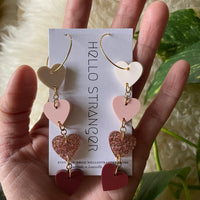 Handmade Acrylic Ombré Heart dangle Earrings in Sparkly Blush // made in USA by Hello Stranger