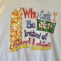 Vintage 80s 1981 Outer Visions Why Can't I Be Rich Instead of Good Looking v neck novelty ringer tee // hey tiger louisville kentucky