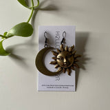 Handmade crescent moon and sun Earrings in oxidized brass // made in Kentucky by Hello Stranger