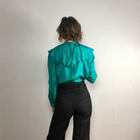 Vintage 80s 90s Emerald Green Ruffle Mandarin Collar Silk blouse by Royal Silk // Size 4 // hey tiger louisville kentucky